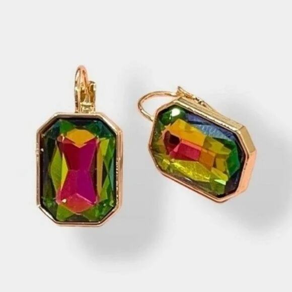 Green Iridescent Crystal Drop Dangle Earrings - Picture 2 of 6